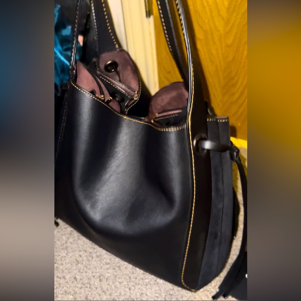 Coach Harmony Hobo Black Leather and Suede Maroon Interior with Yellow Stitching - Picture 3 of 17